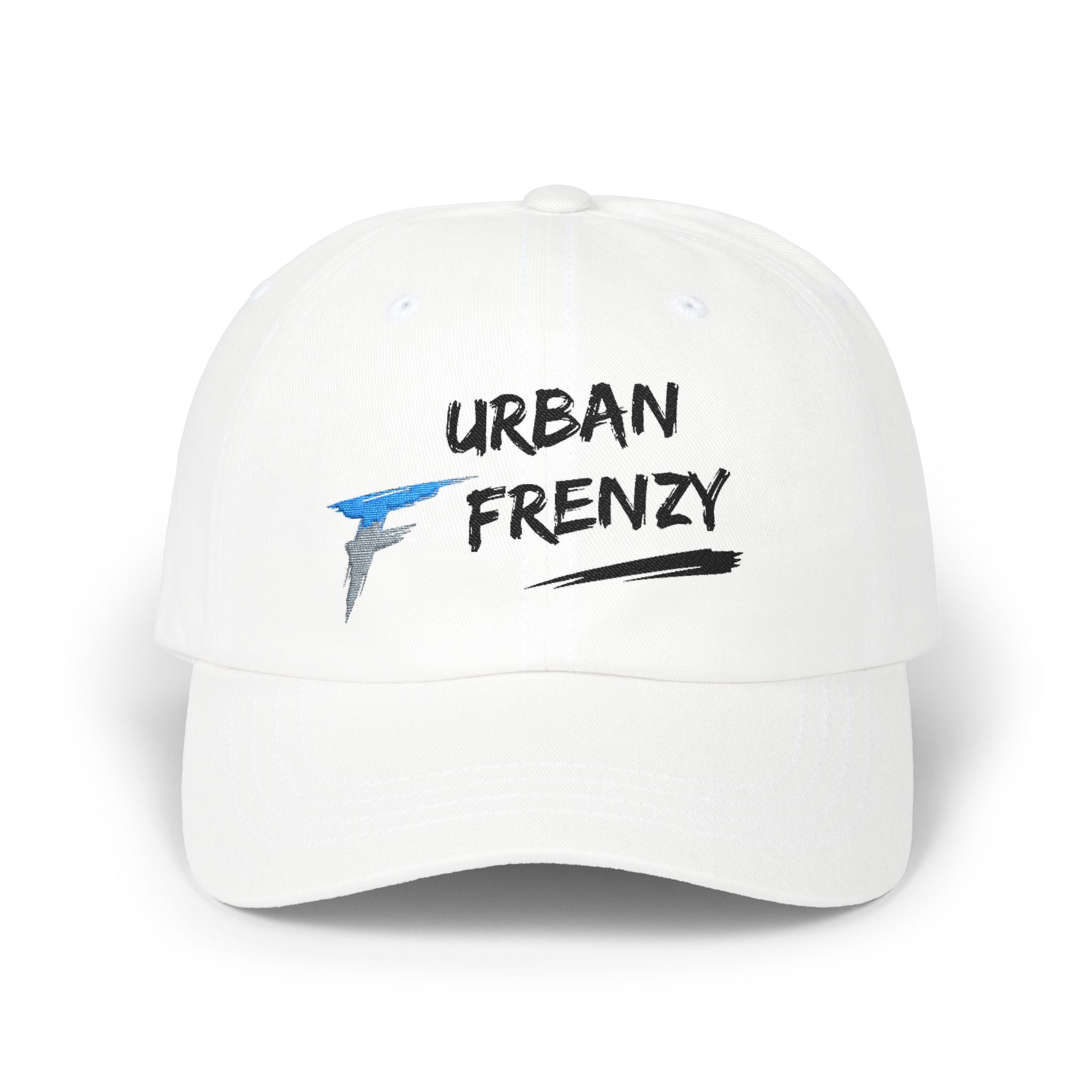 Urban Frenzy Classic Dad Cap — White Embroidered Logo Baseball Hat