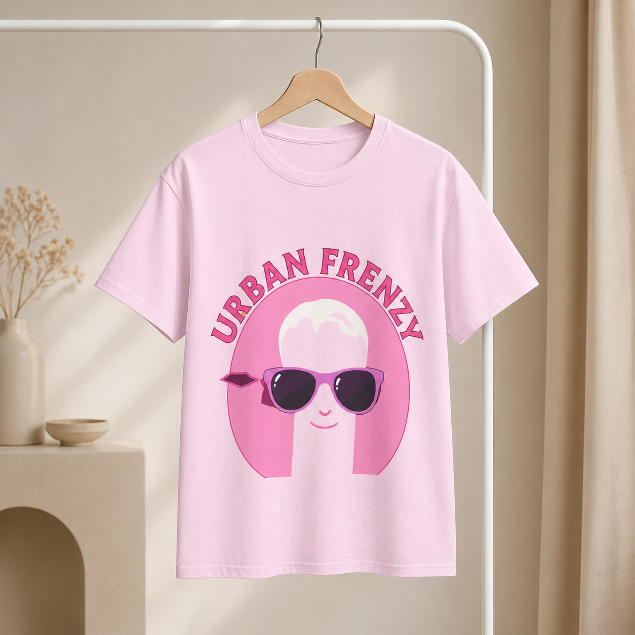 Urban Frenzy Graphic Tee — Retro Pink Sunglasses Streetwear Shirt