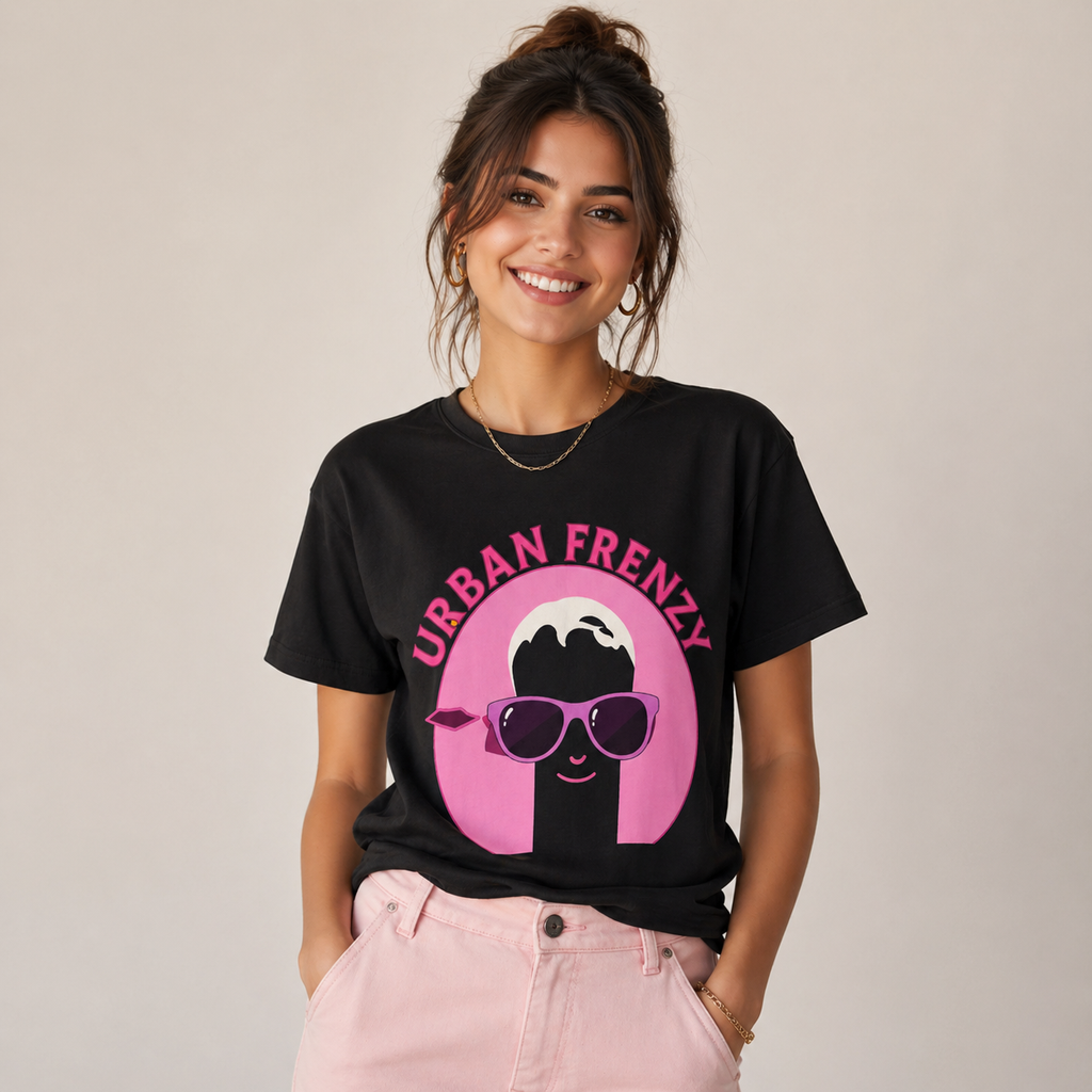Urban Frenzy Graphic Tee — Retro Pink Sunglasses Streetwear Shirt