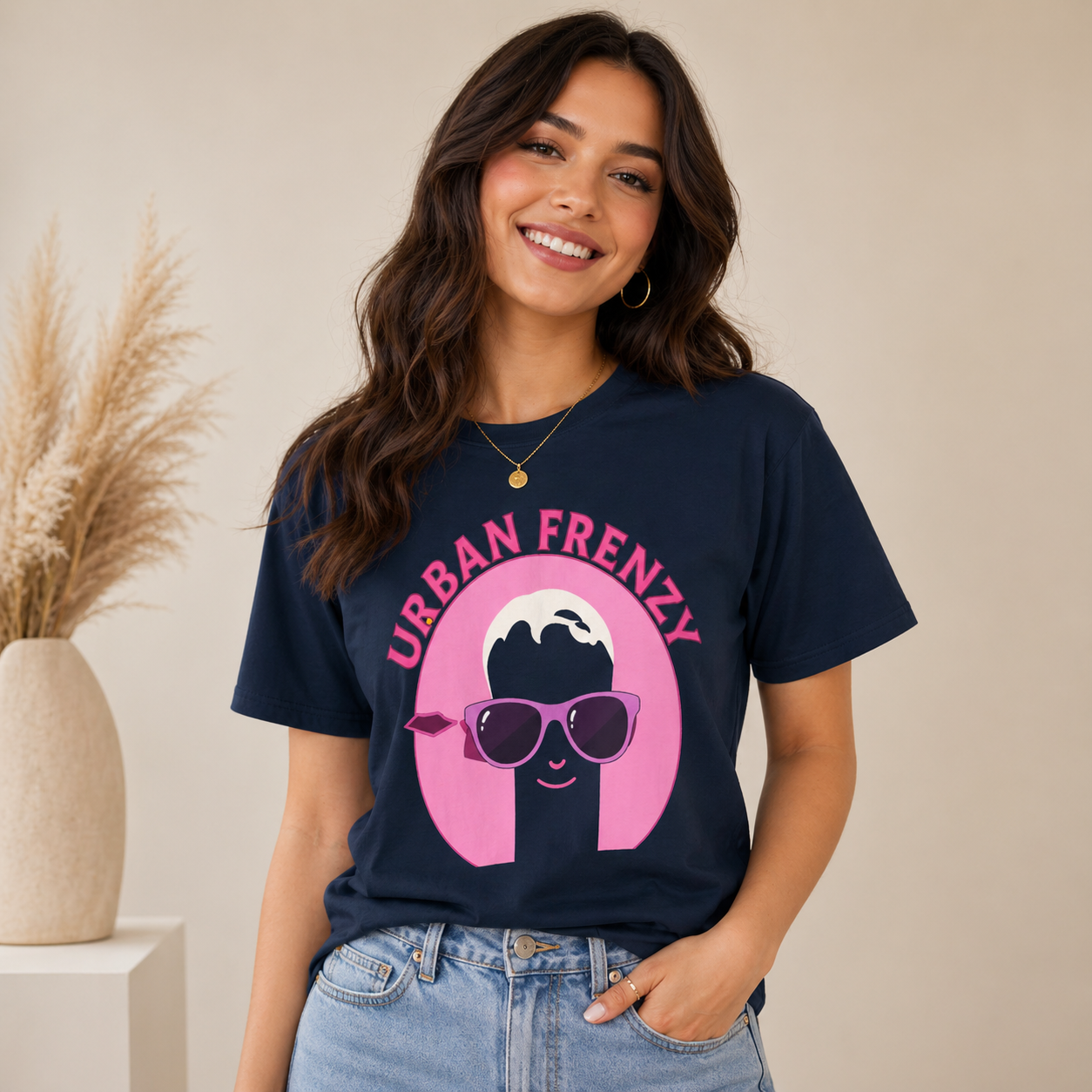Urban Frenzy Graphic Tee — Retro Pink Sunglasses Streetwear Shirt