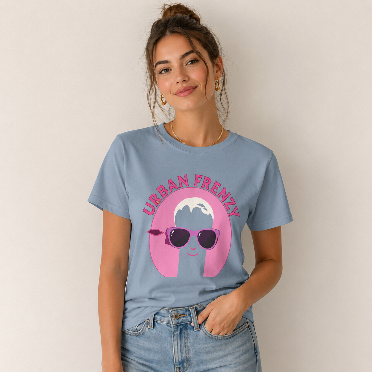 Urban Frenzy Graphic Tee — Retro Pink Sunglasses Streetwear Shirt
